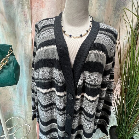 📌Pink Rose Striped Button Up Cotton Mix Plus Size Long Cardigan - Picture 4 of 16